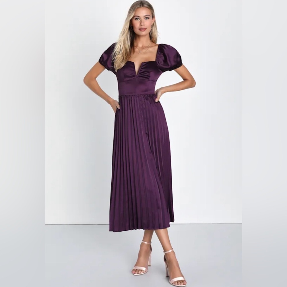 Lulus Flawless Forever Dark Purple Satin Pleated Midi Dress L NWT